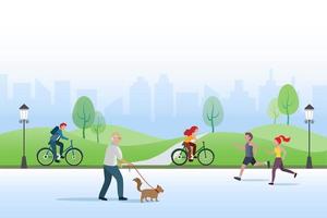 gente activa haciendo ejercicio en el parque público, trotando, montando en bicicleta y paseando con perros. estilo de vida saludable, ocio al aire libre. vector