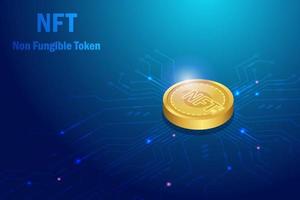 Token nft no fungible. Moneda criptográfica 3d nft para tecnología de arte digital coleccionable en fondo futurista de placa de circuito electrónico. vector