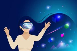 Metaverse, virtual reality technology, user interface 3D experience digital devices. Woman using vr headset online connecting to virtual space and universe. vector