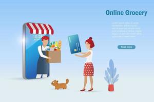 Online grocery home delivery service on smart phone app. Woman receive grocery bag on smartphone and pay by credit card. Template, platform, banner for online grocery shopping. vector