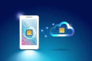 Microchip on cloud computing server online connect to smart phone. Digital cloud storage service with data transmission, network connecting technology. Intelligence data storage futuristic background. vector