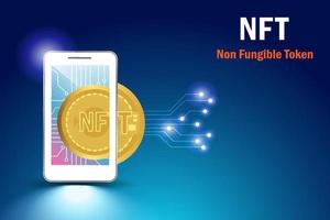 NFT non fungible token. 3D NFT digital coin for collectible digital art  technology on smart phone in futuristic background. vector