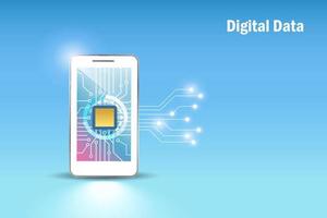 Smartphone technology contains  digital data in microchip and electronic circuit board. Innovative communication, web development and software application concept. vector