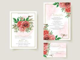 Floral and dragonfly painting watercolor wedding invitation card vector