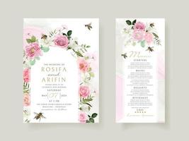 Plantilla de tarjeta de invitación de boda con hermosa mano floral dibujada vector