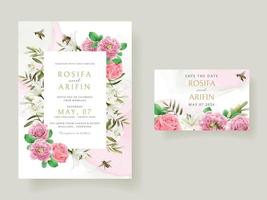 Plantilla de tarjeta de invitación de boda con hermosa mano floral dibujada vector