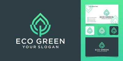 logotipo de hoja verde con plantilla de diseño de logotipo de estilo de línea y tarjeta de visita vector