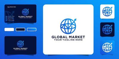 globe trading line with arrows and business cards vector