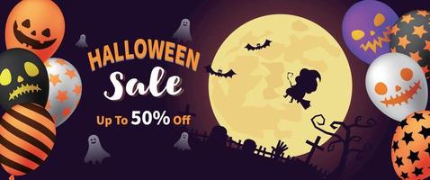 Halloween sale background with grimace balloons and festive pictures vector