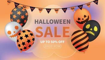 Halloween sale background with grimace balloons and festive pictures vector