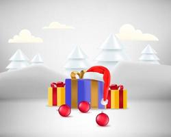 Christmas showcase with gift boxes and Santa Claus hat. Realistic showcase. 3d style vector illustration