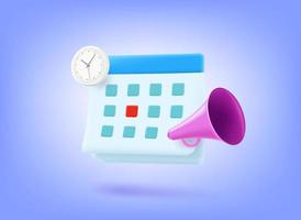 Agenda concept with calendar, loudspeaker and clock. 3d vector illustration
