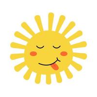 lindo personaje de sol de dibujos animados con cara kawaii. mascota de garabato amarillo simple aislada sobre fondo blanco. icono dibujado a mano plana. vector