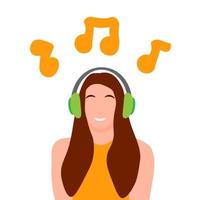 Girl character with headphones listening music vector concept. Flat colorful illustration isolated on white background.
