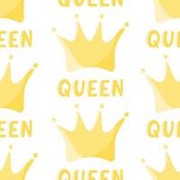 Seamless pattern with doodle royal crown shape. Simple vector nursery fabric print template. Queen word isolated on white background.