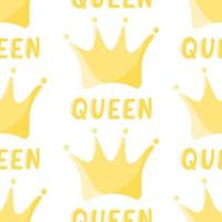 Seamless pattern with doodle royal crown shape. Simple vector nursery fabric print template. Queen word isolated on white background.