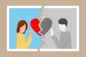 Divorce icon. Torn photo of couple in love. Break up. End of family life. Separation ex-wife and husband. Crisis relationship. Unhappy love. Vector flat illustration