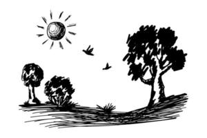 Hand drawn nature landscape sketch isolated on white background. Doodle drawing with trees, birds and sun. Rough pen drawing. vector