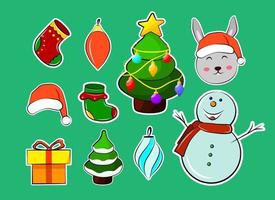 conjunto de pegatinas de temporada navideña. coloridos iconos de dibujos animados. muñeco de nieve, sombrero de santa, árbol de navidad, regalo, conejo, calcetines, juguetes. vector