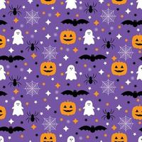 Seamless pattern with pumpkins, bats, spider, ghost. Halloween background. Vector illustration.