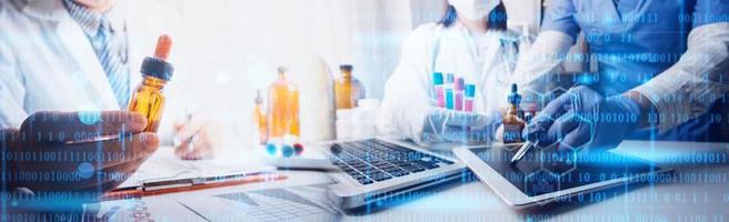 Double exposure of Doctor working with modern virtual screen interface, Healthcare And Medicine concept, Blurred background. photo