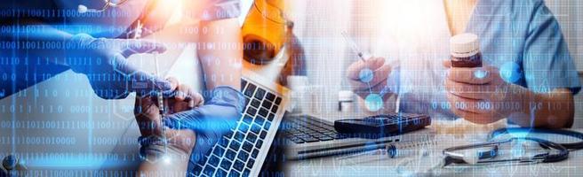 Double exposure of Doctor working with modern virtual screen interface, Healthcare And Medicine concept, Blurred background. photo