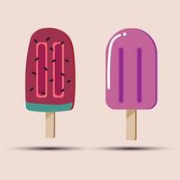 Two pieces of fruit ice cream, frozen juice on wooden stick, fruity popsicle. Colorful cold summer dessert isolated on background. vector EPS10