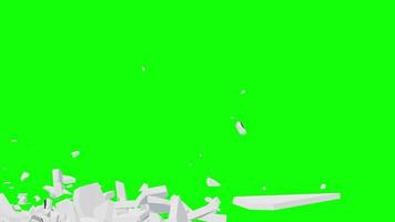 mur volant en petits morceaux. terre craquelée. effet de ralenti. explosion, destruction, cassé, mur de béton. isolé sur fond vert, animation 4k 3d sur fond vert video