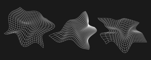 Set of cyber distorted grids, retro punk design elements. Wireframe wave geometry mesh on black background. Vector illustration.