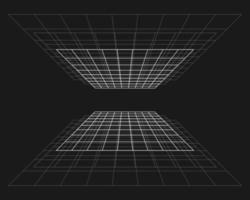 Cyber grid, retro punk perspective rectangular tunnel. Grid tunnel geometry on black background. Vector illustration.