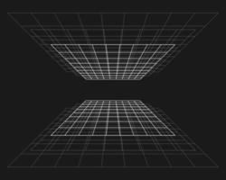 Cyber grid, retro punk perspective rectangular tunnel. Grid tunnel geometry on black background. Vector illustration.