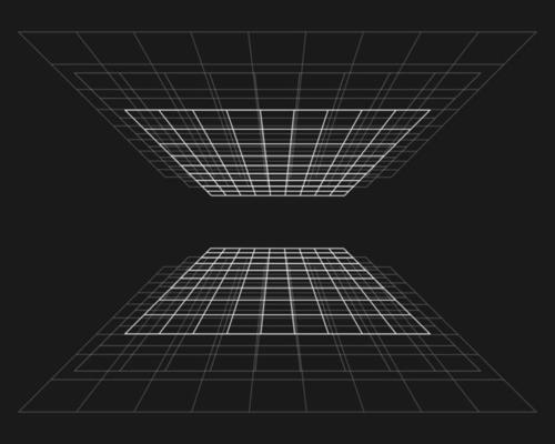 Cyber grid, retro punk perspective rectangular tunnel. Grid tunnel geometry on black background. Vector illustration.