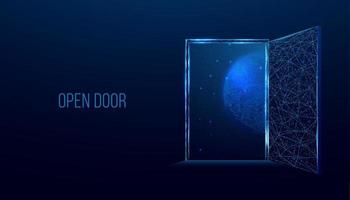 Open door to space, universe. Banner with glowing low poly door on dark blue background. Wireframe low poly design. Abstract futuristic vector illustration.