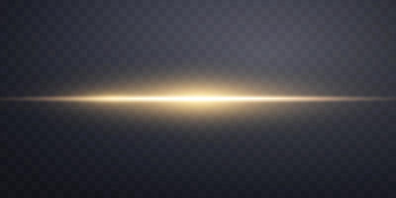 Gold horizontal lens flare. Sun flash with rays or gold spotlight and bokeh. Yellow glow flare light effect. Vector illustration.