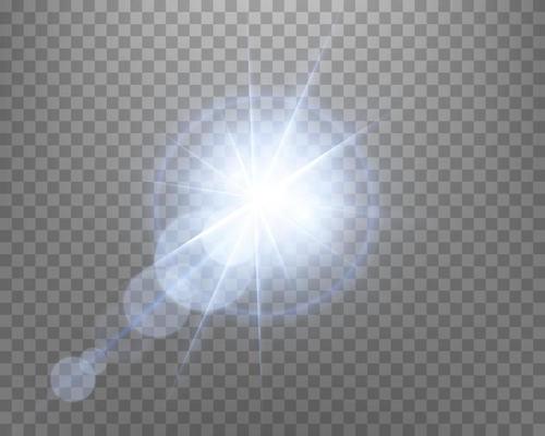 Blue sunlight lens flare, sun flash with rays and spotlight. Glowing burst explosion on a traVector illustration.