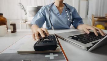 Double exposure of technology healthcare And Medicine concept. Doctors using digital tablet and modern virtual screen interface icons panoramic banner, blurred background. photo