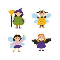 chicas lindas de halloween con disfraces de murciélago, abeja y bruja. personajes de halloween. ilustración vectorial en estilo plano. vector