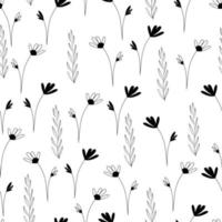 Floral seamless pattern, Simple illustration of flowers, leaves and twigs. Vector print.