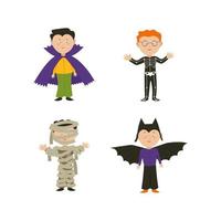 Boys in dracula mummy and skeleton costumes on halloween day. Characters from Halloween. Vector illustration in flat style