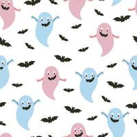 Funny ghosts and bats seamless pattern. Halloween print. Vector illustration in flat style