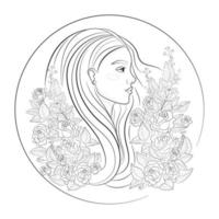 Beautiful young girl among roses. Coloring book for children and adults. Vector line art illustration