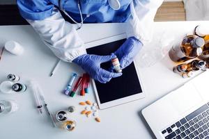 Double exposure of technology healthcare And Medicine concept. Doctors using digital tablet and modern virtual screen interface icons panoramic banner, blurred background. photo