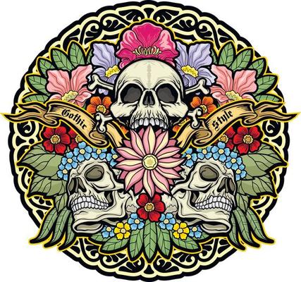 Gothic sign with skull and girl with skull makeup, grunge