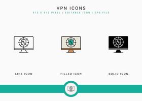 VPN icons set vector illustration with solid icon line style. Secure server concept. Editable stroke icon on isolated background for web design, user interface, and mobile application