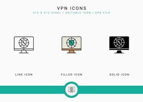 iconos vpn establecen ilustración vectorial con estilo de línea de icono sólido. concepto de servidor seguro. icono de trazo editable en un fondo aislado para diseño web, interfaz de usuario y aplicación móvil vector