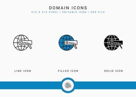Domain icons set vector illustration with solid icon line style. Website address concept. Editable stroke icon on isolated background for web design, user interface, and mobile application