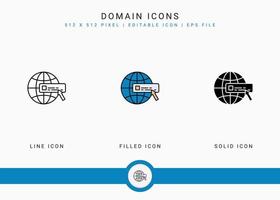 iconos de dominio establecen ilustración vectorial con estilo de línea de icono sólido. concepto de dirección del sitio web. icono de trazo editable en un fondo aislado para diseño web, interfaz de usuario y aplicación móvil vector