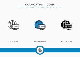 Colocation icons set vector illustration with solid icon line style. Data system server concept. Editable stroke icon on isolated background for web design, user interface, and mobile application