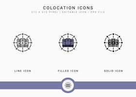 Colocation icons set vector illustration with solid icon line style. Data system server concept. Editable stroke icon on isolated background for web design, user interface, and mobile application
