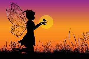 cute fairy and bird silhouette vector